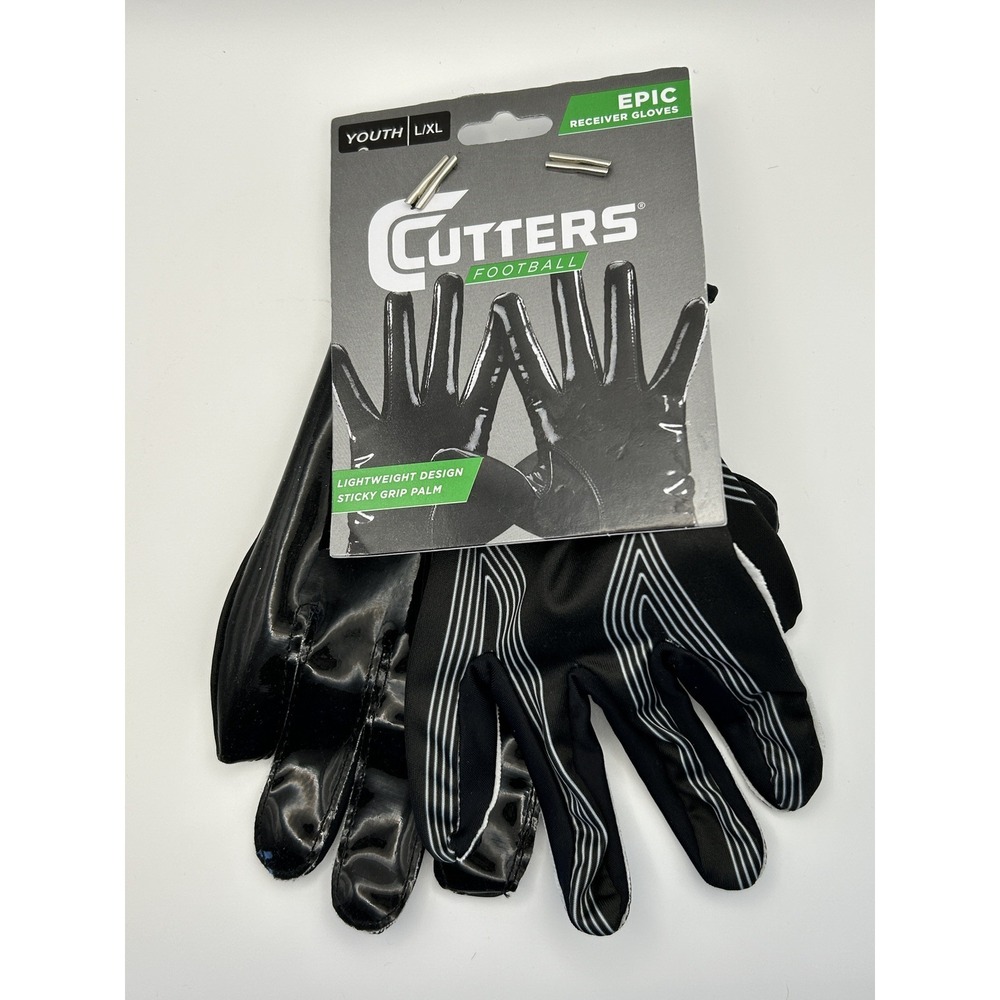 Cutters Football Epic Receiver Sticky Grip Palm Youth Gloves, L/XL, Black, NWT
